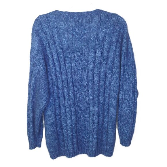 Knit Knit Mohair Blend Cable Knit V-Neck Cardigan L Blue Office Preppy Academia - Picture 3 of 6